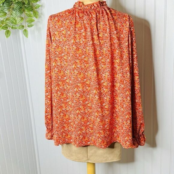 Max Studio Womens Plus Sz 1X Ruffle Neck Top Red White Floral Long Sleeve BOHO - Picture 7 of 15